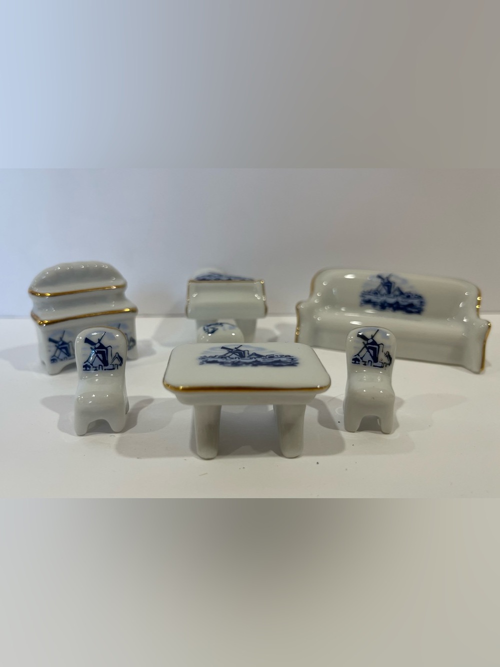 Vintage Japan Porcelain Dollhouse Furniture Blue White Windmill Gold Trim 7pc